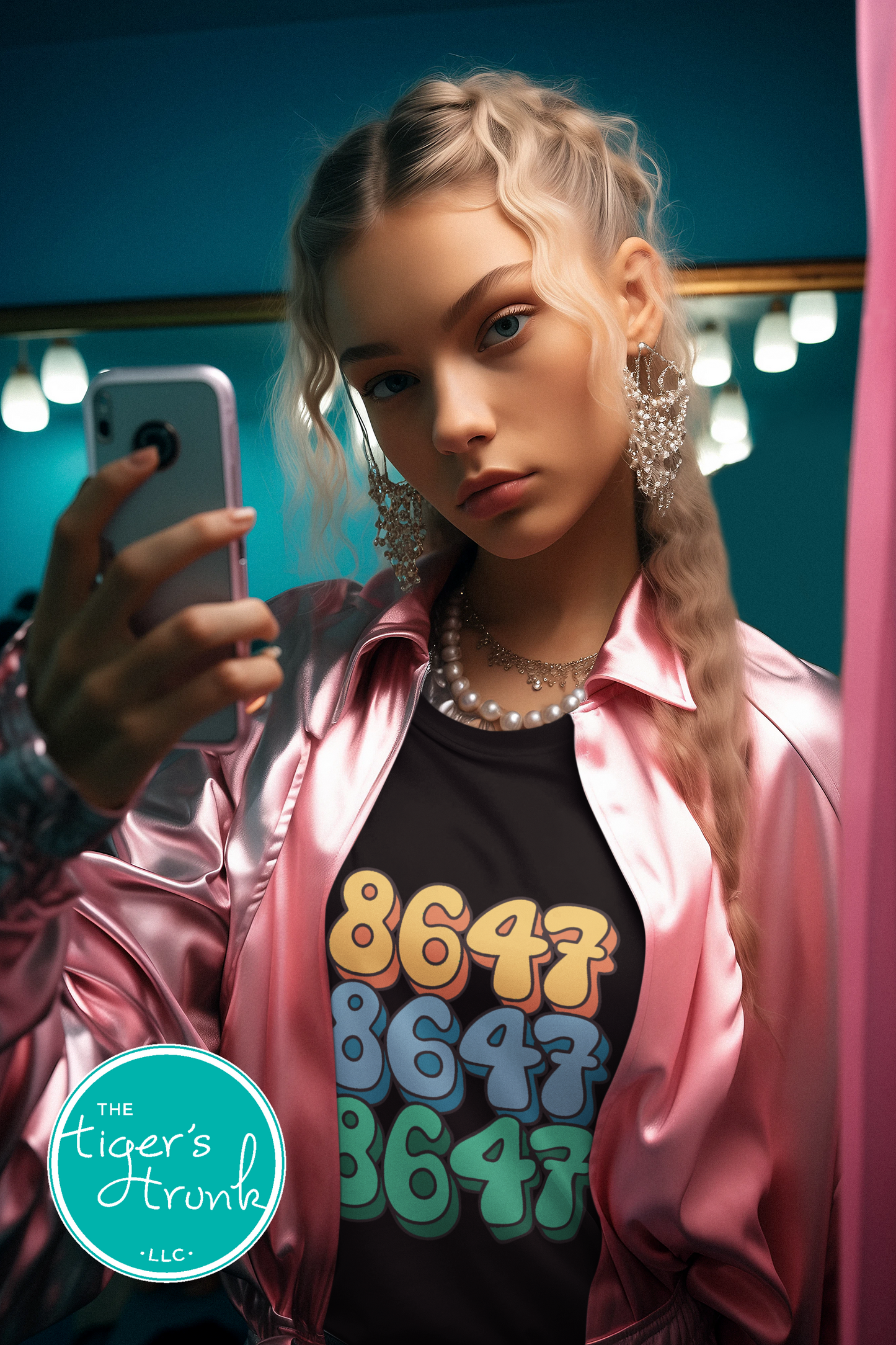 Close-up of a shirt featuring the number 8647, a subtle nod to resistance and activism.