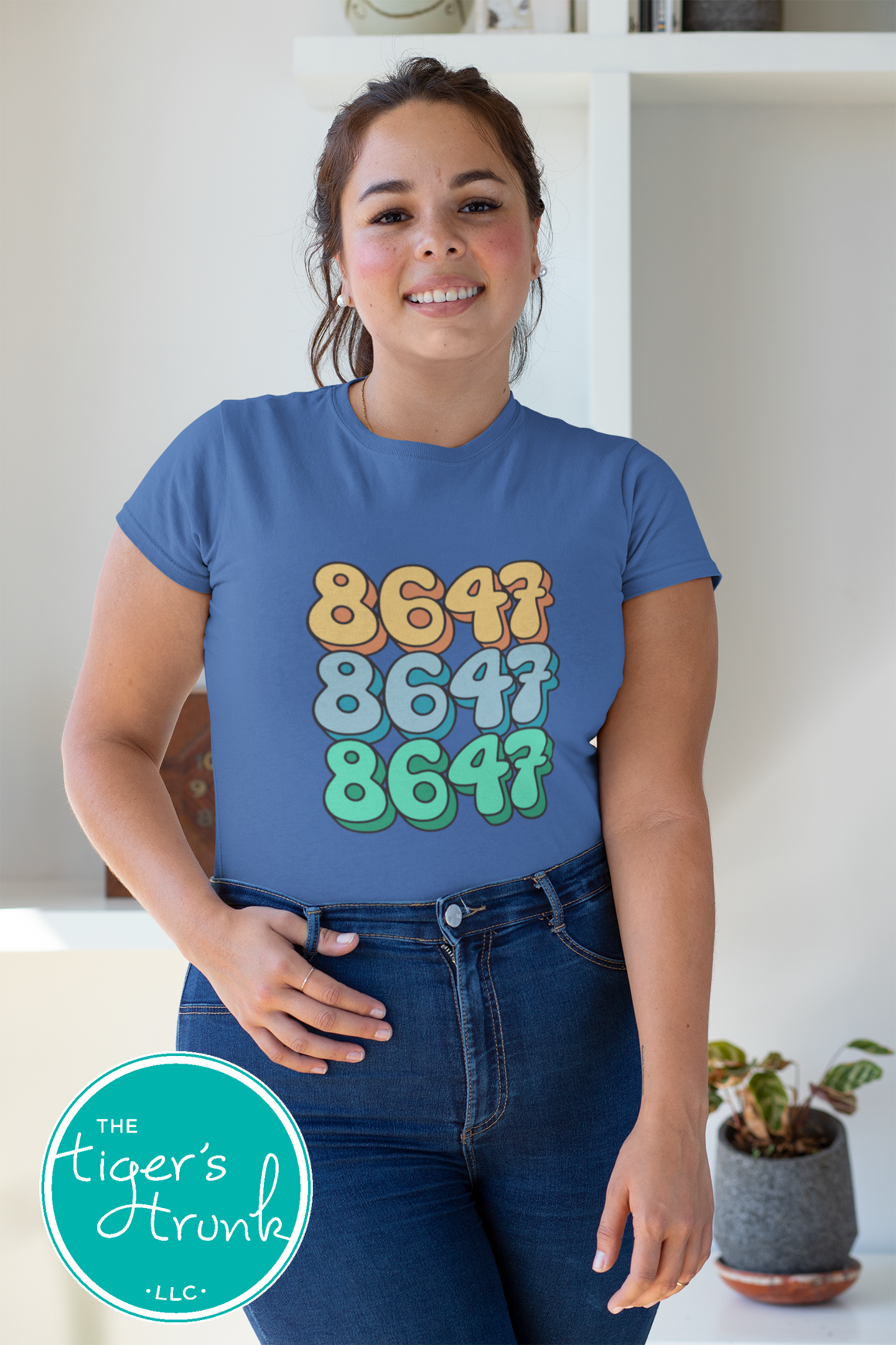 Close-up of a shirt featuring the number 8647, a subtle nod to resistance and activism.