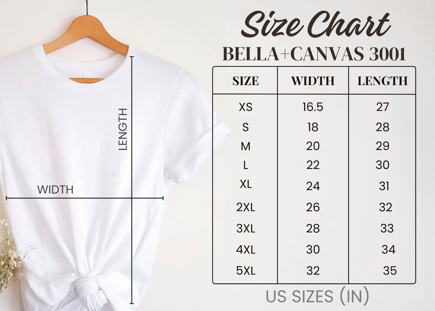 White t-shirt on a hanger with size chart for Bella+Canvas 3001 shirt