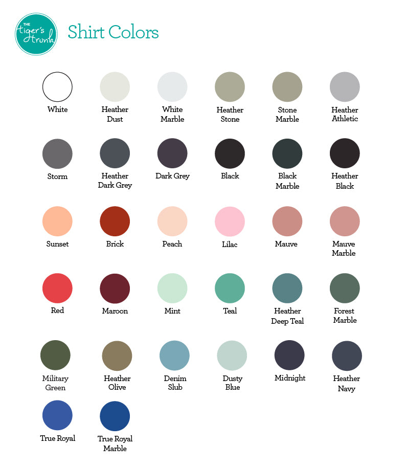 Color swatch chart for shirts with various color options.