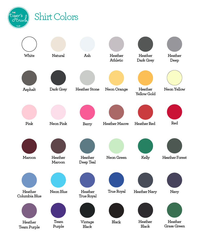 Color swatch chart for shirt colors with various shades.