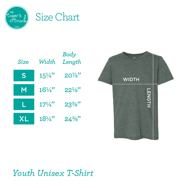 Size chart for youth unisex t-shirts with dimensions on a white background