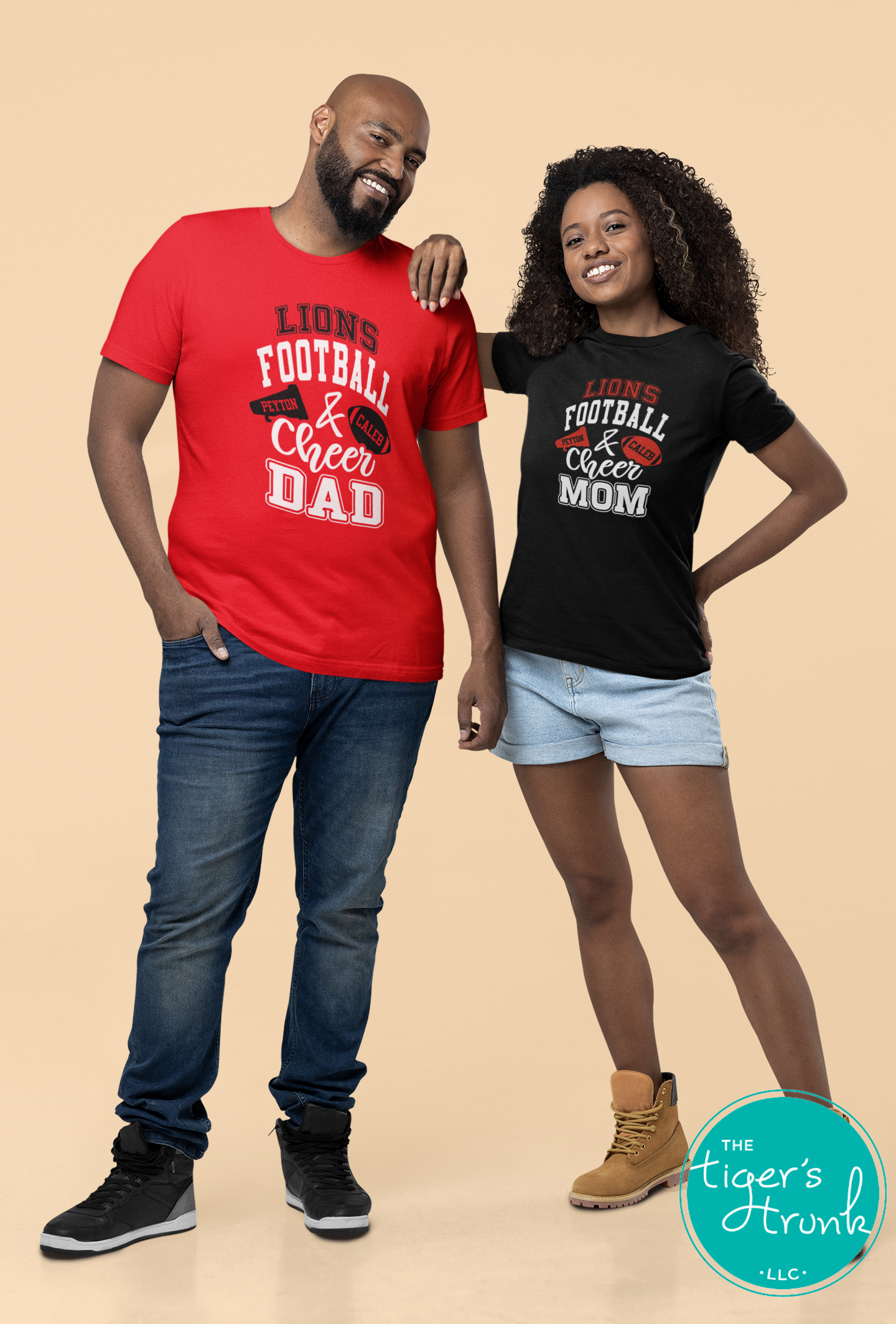 Football and Cheer Mom t-shirt with megaphone and football design, personalized with mascot name, school colors, player name or number