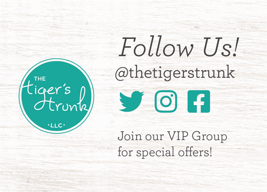 A promotional image for The Tiger's Trunk featuring a logo, social media contact information, and an invitation to join a VIP group for special offers.