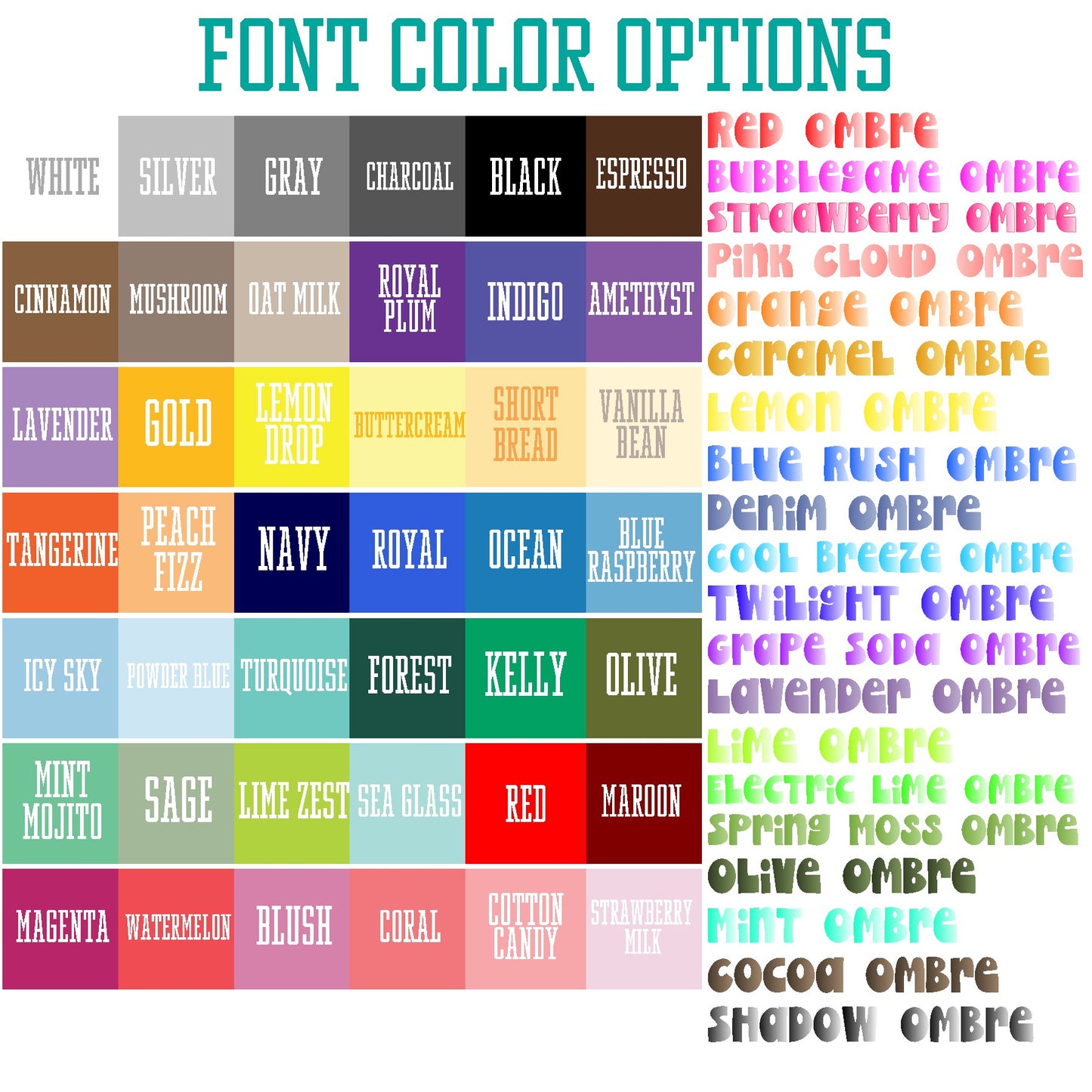 Font color options with a grid of text in various colors on a white background.