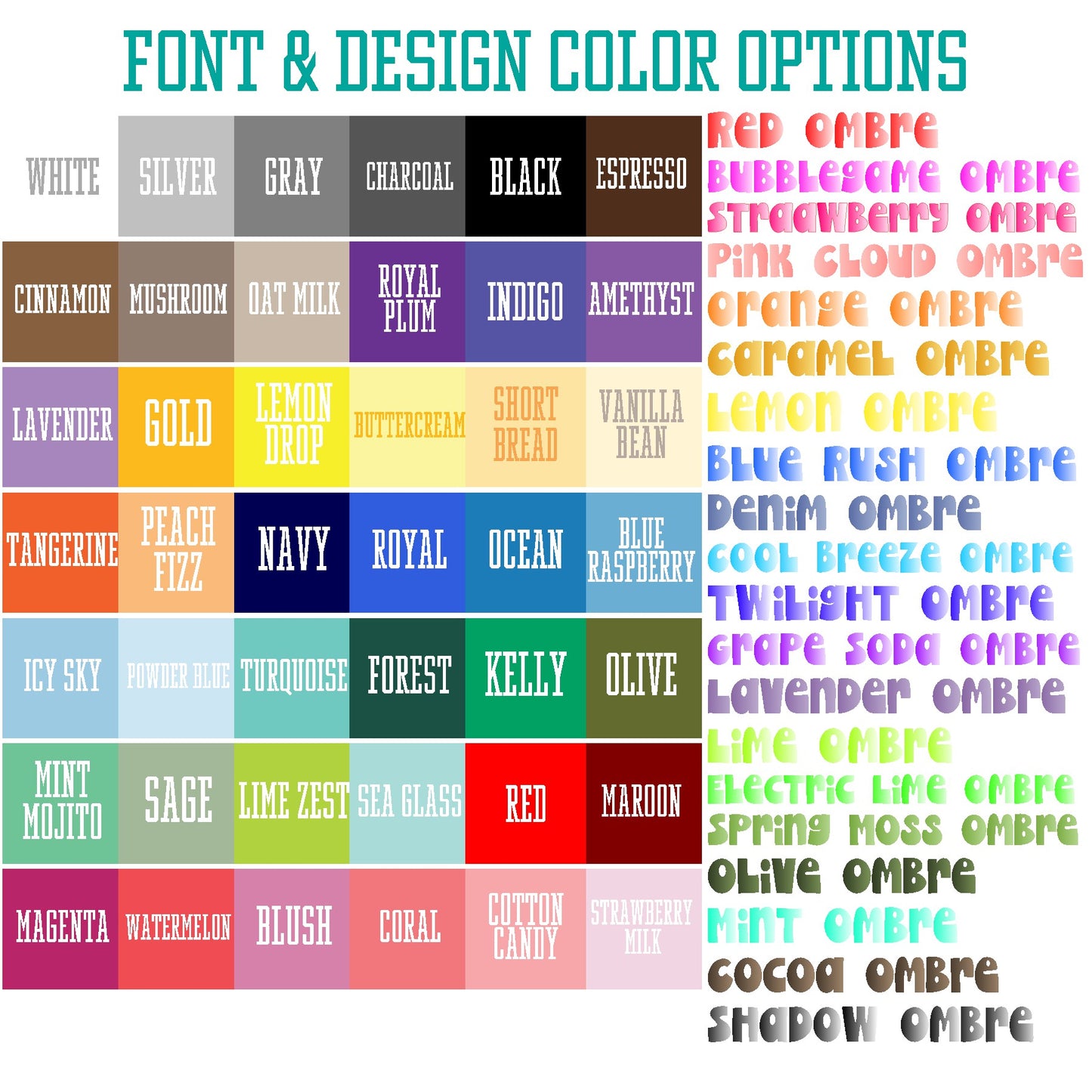 Color swatches with corresponding names for font and design color options.