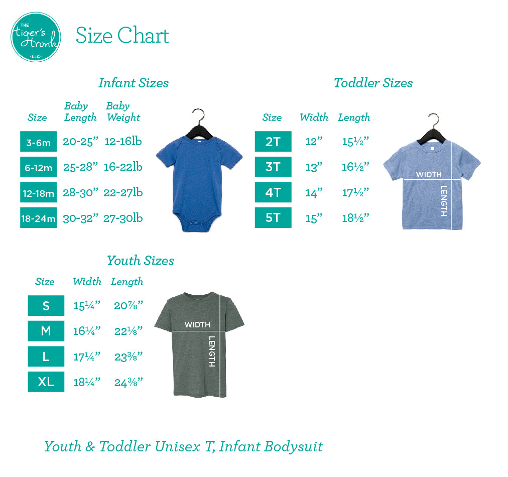 Size chart for infant, toddler, and youth clothing with blue and gray garments.