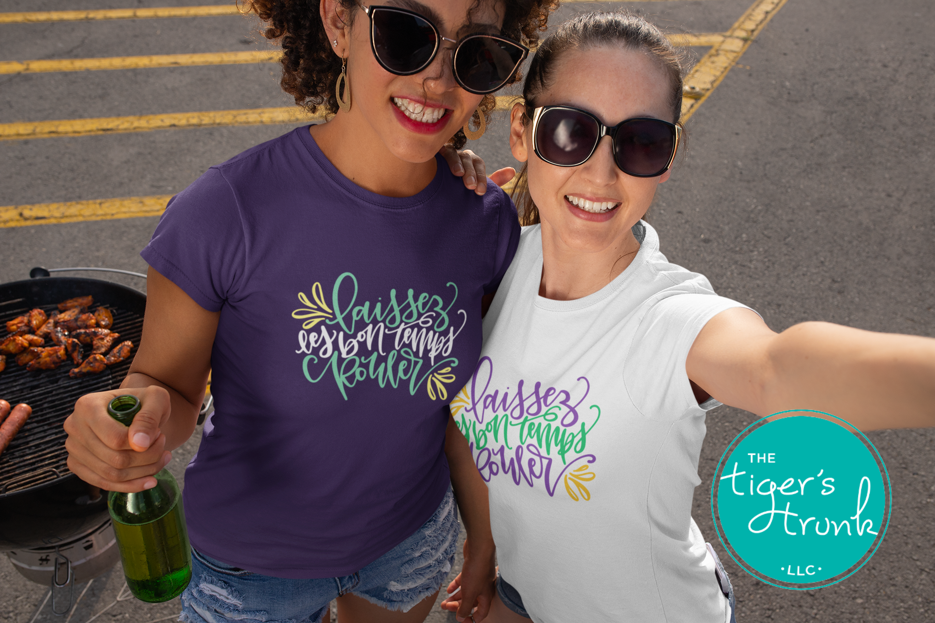 Mardi Gras t-shirt featuring Laissez les Bon Temps Rouler, perfect for parades and New Orleans celebrations.