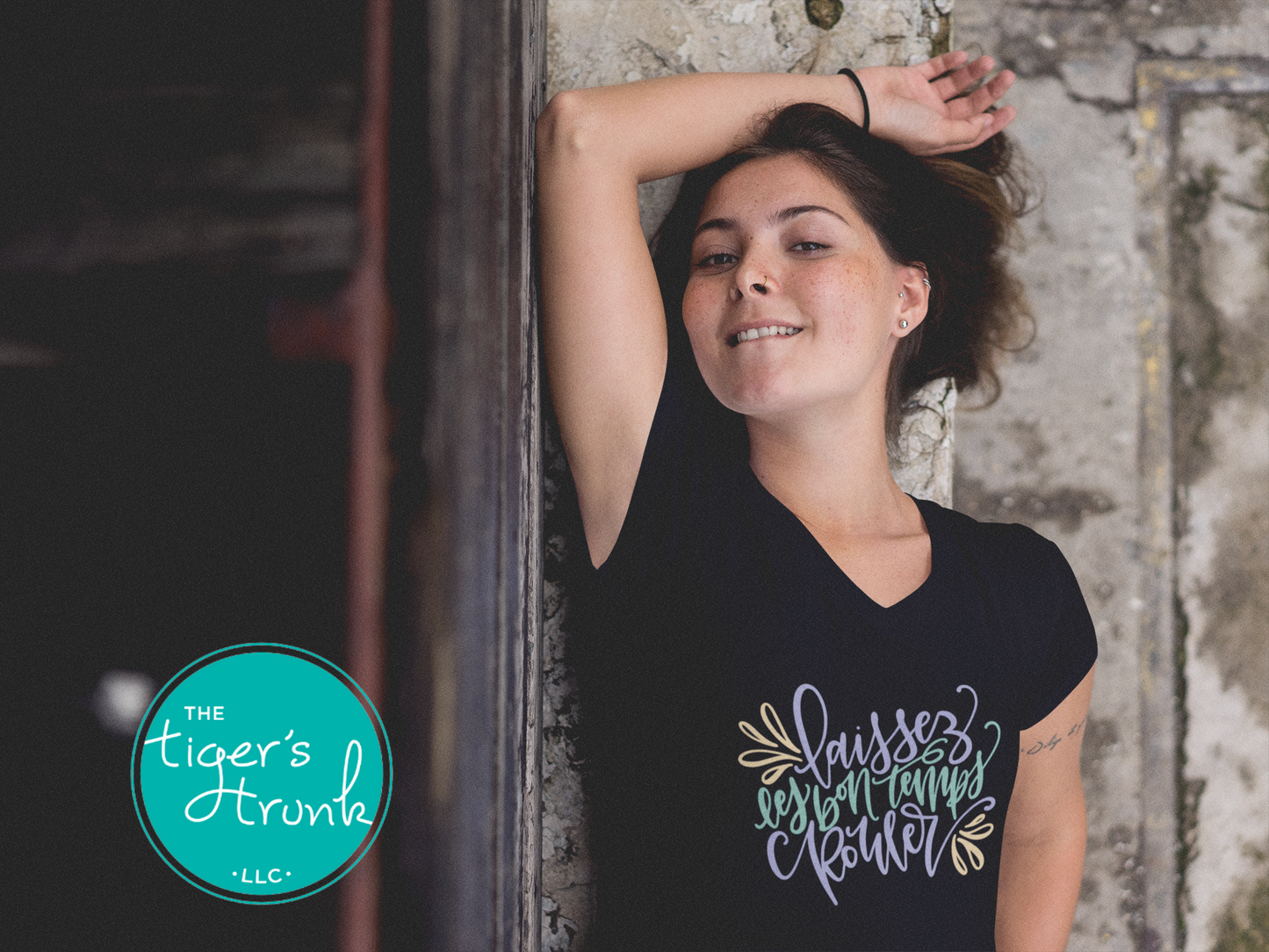 Mardi Gras v-neck shirt featuring the phrase Laissez les Bon Temps Rouler, perfect for parades and parties.