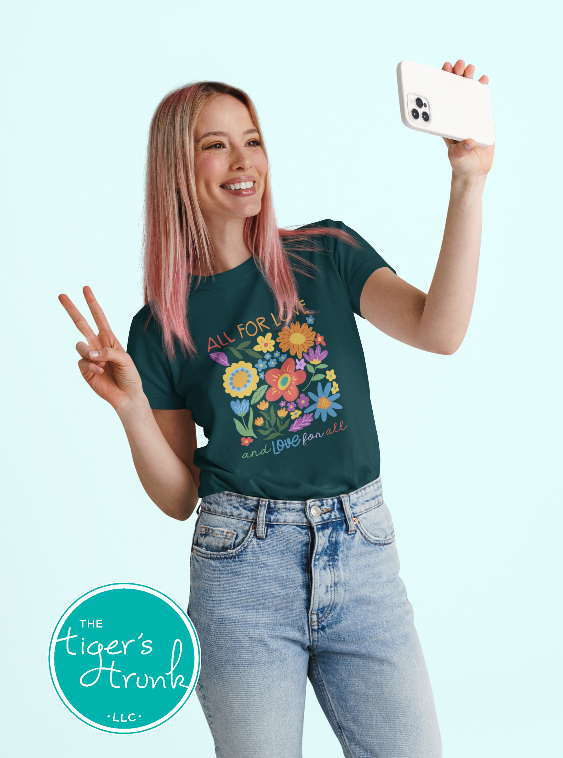 T-shirt with the phrase "All for Love and Love for All," inclusive Pride graphic tee for LGBTQ+ supporters and allies