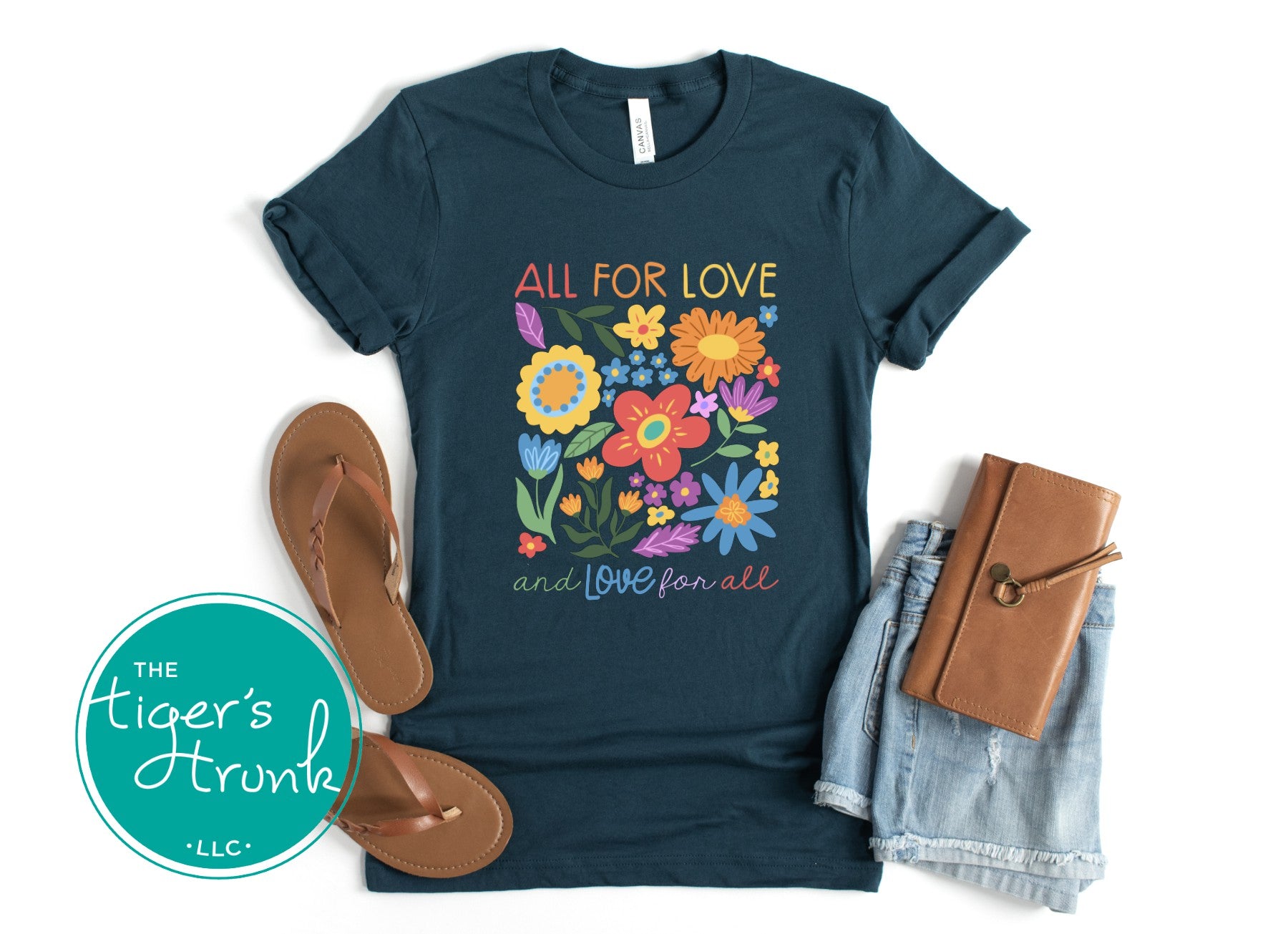 T-shirt with the phrase "All for Love and Love for All," inclusive Pride graphic tee for LGBTQ+ supporters and allies