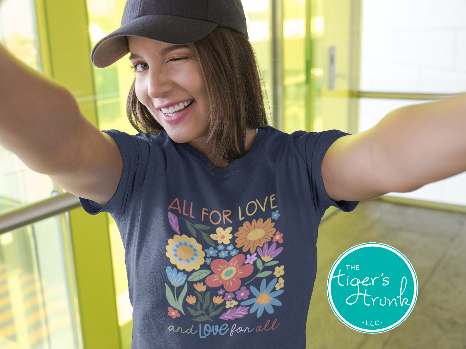 T-shirt with the phrase "All for Love and Love for All," inclusive Pride graphic tee for LGBTQ+ supporters and allies