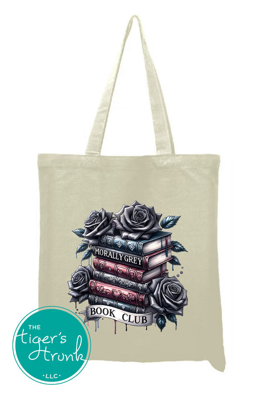 Polyester canvas tote bag with "Morally Grey Book Club" design, featuring large main section and outer pocket, ideal for book lovers and romance readers
