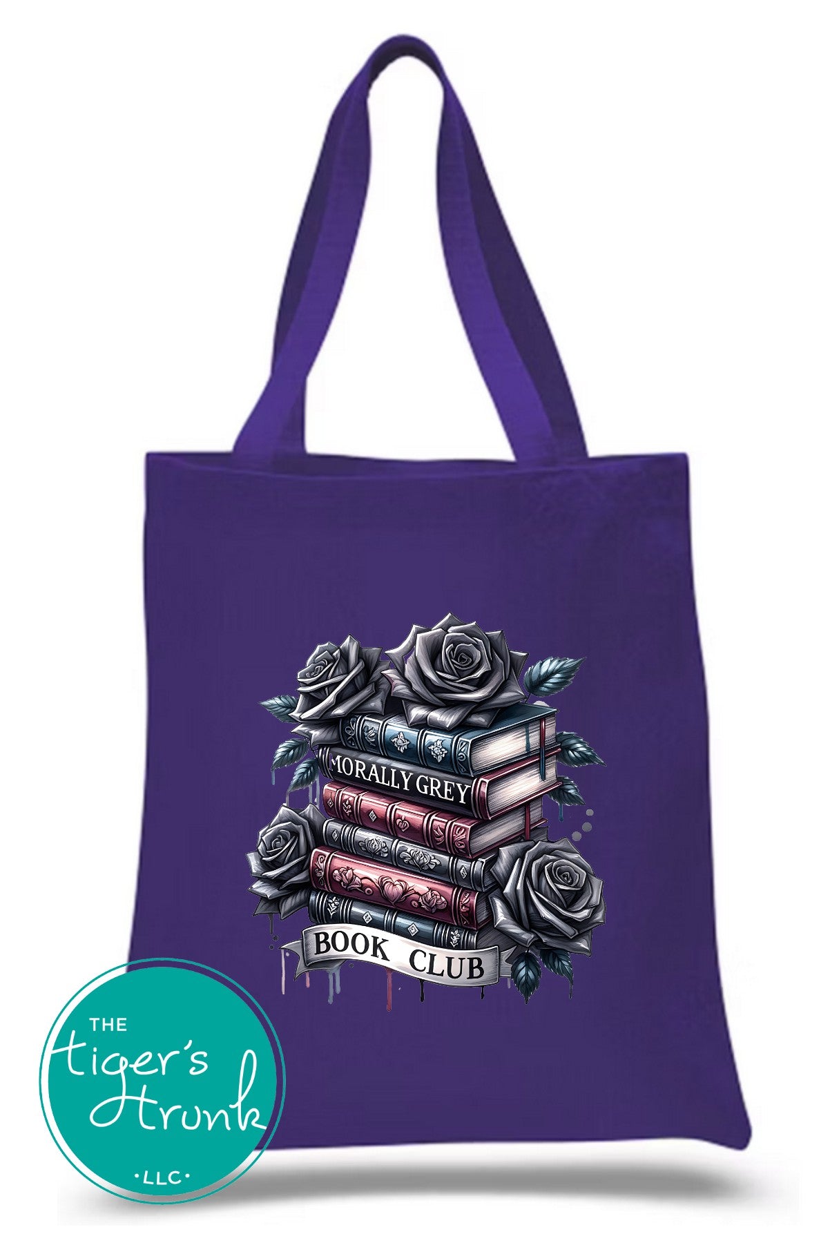Polyester canvas tote bag with "Morally Grey Book Club" design, featuring large main section and outer pocket, ideal for book lovers and romance readers