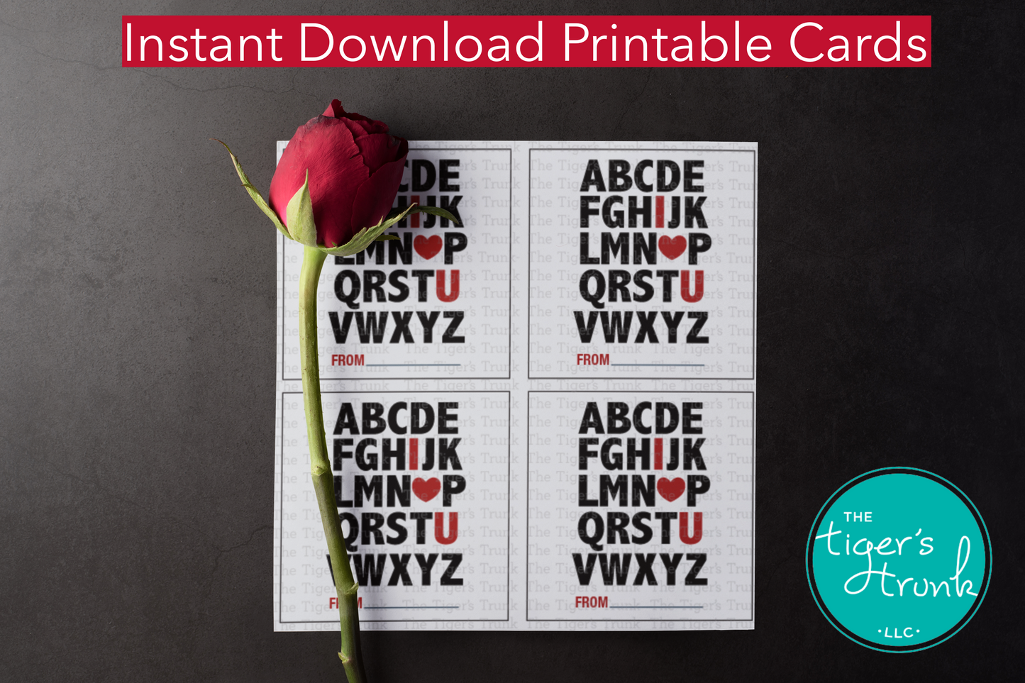 Set of square printable Valentine’s cards for kids with 4 love-themed designs per page. Instant download for fun classroom Valentine’s Day handouts.