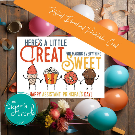 Printable Assistant Principal Appreciation card with a treat theme and a fun thank-you message, available as an instant digital download in PDF format.