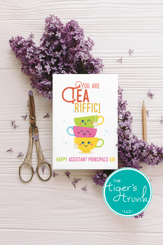 Printable Assistant Principal Appreciation card with a tea theme and a fun thank-you message, available as an instant digital download in PDF format.