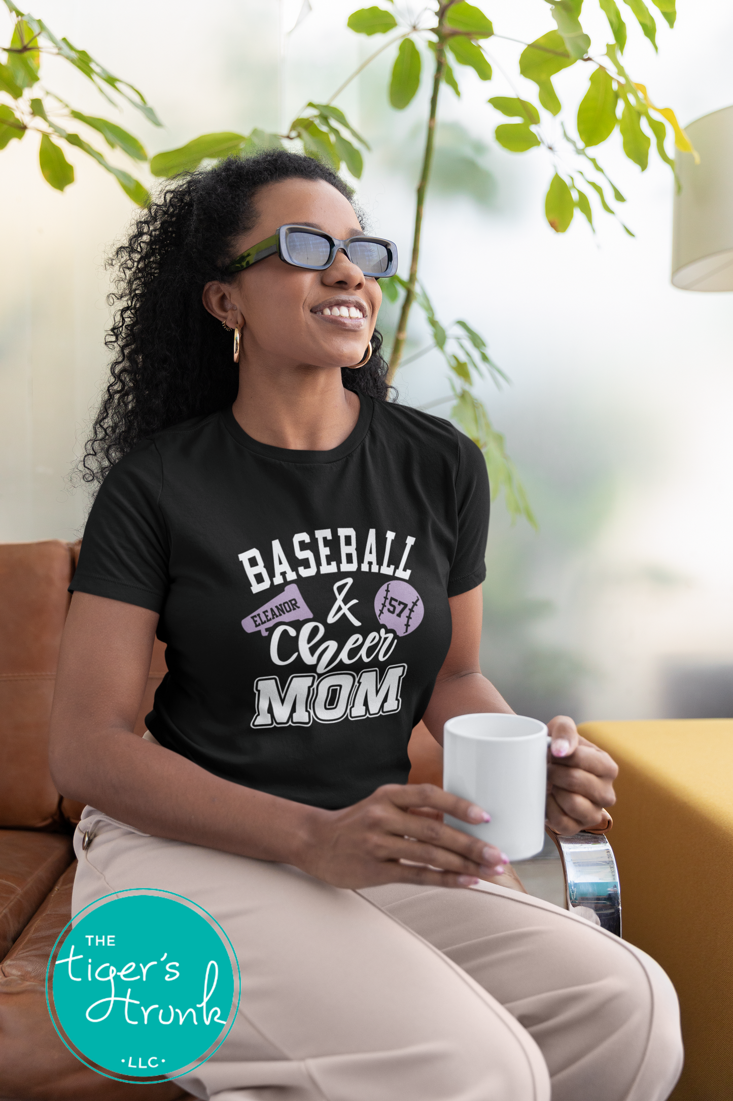 Custom Baseball and Cheer Mom shirt with megaphone and music notes, personalized in school colors and mascot name for spirited sports support
