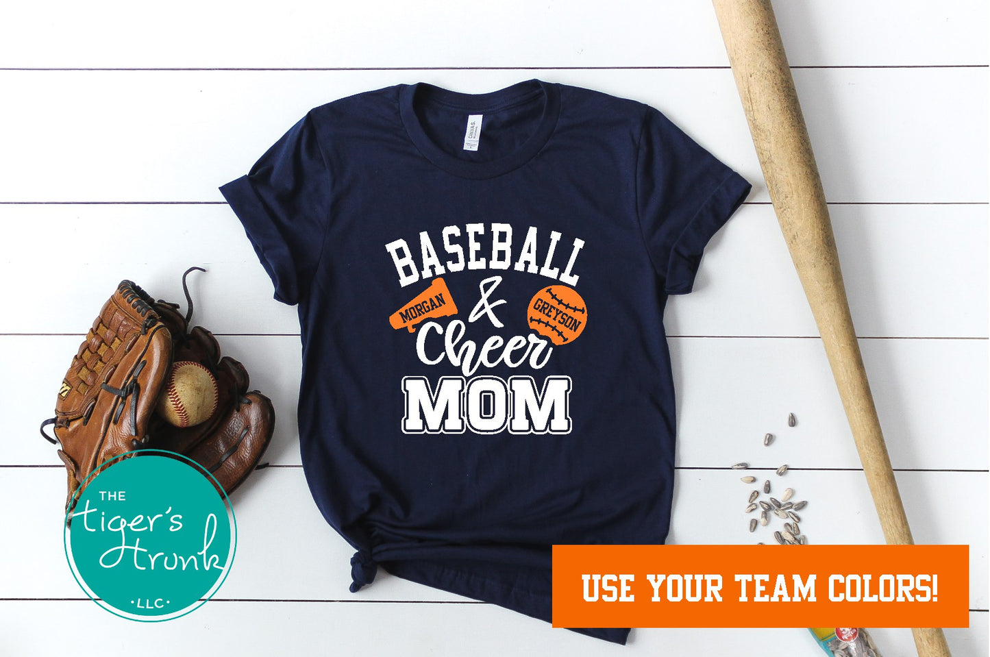 Custom Baseball and Cheer Mom shirt with megaphone and music notes, personalized in school colors and mascot name for spirited sports support