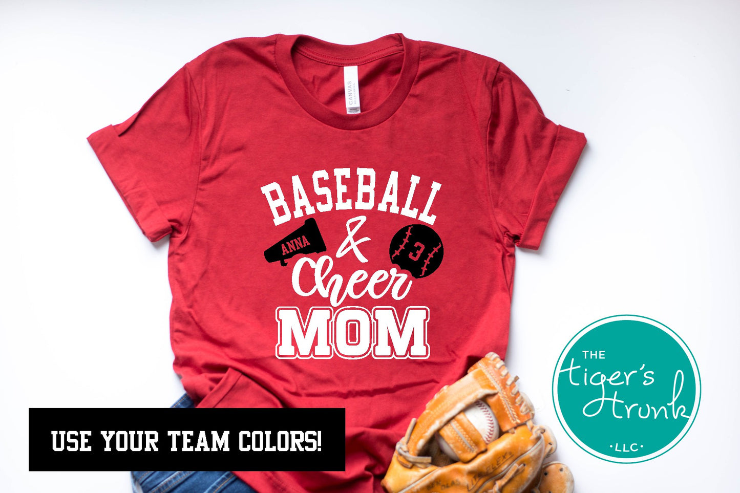 Custom Baseball and Cheer Mom shirt with megaphone and music notes, personalized in school colors and mascot name for spirited sports support