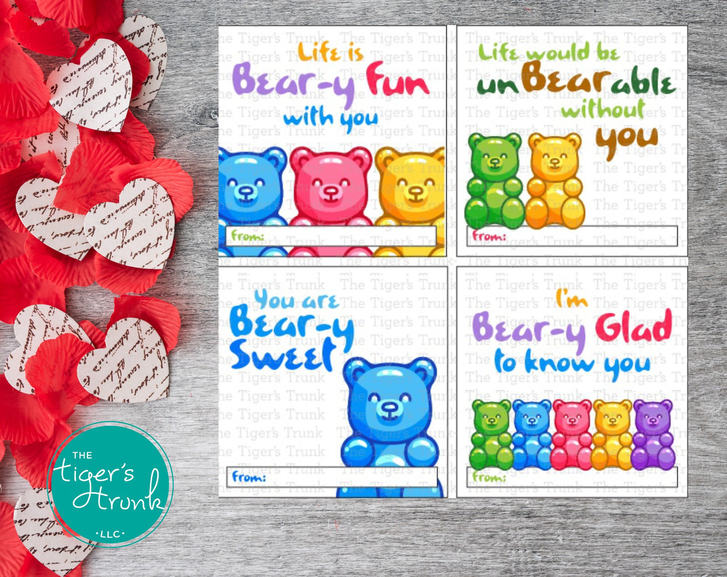 Printable Valentine’s tags featuring gummy bear designs, perfect for kids’ treat bags and classroom exchanges, instant download.