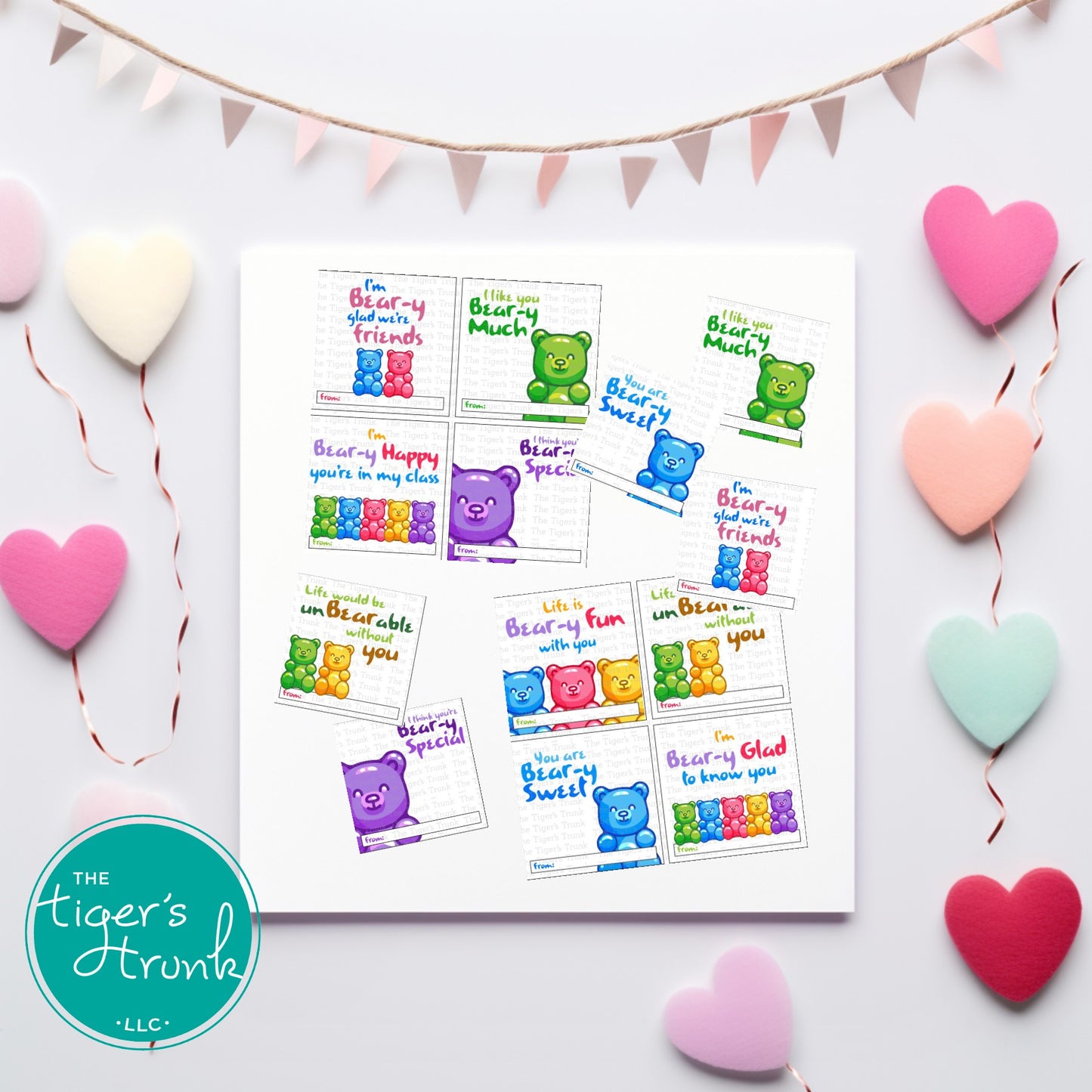 Printable Valentine’s tags featuring gummy bear designs, perfect for kids’ treat bags and classroom exchanges, instant download.