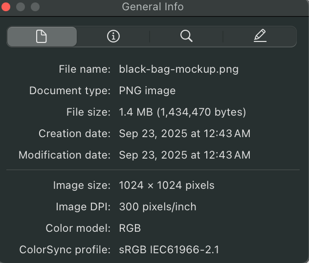 File information dialog box for a PNG image named 'black-bag-mockup.png' with details like file size, creation/modification date, and dimensions.
