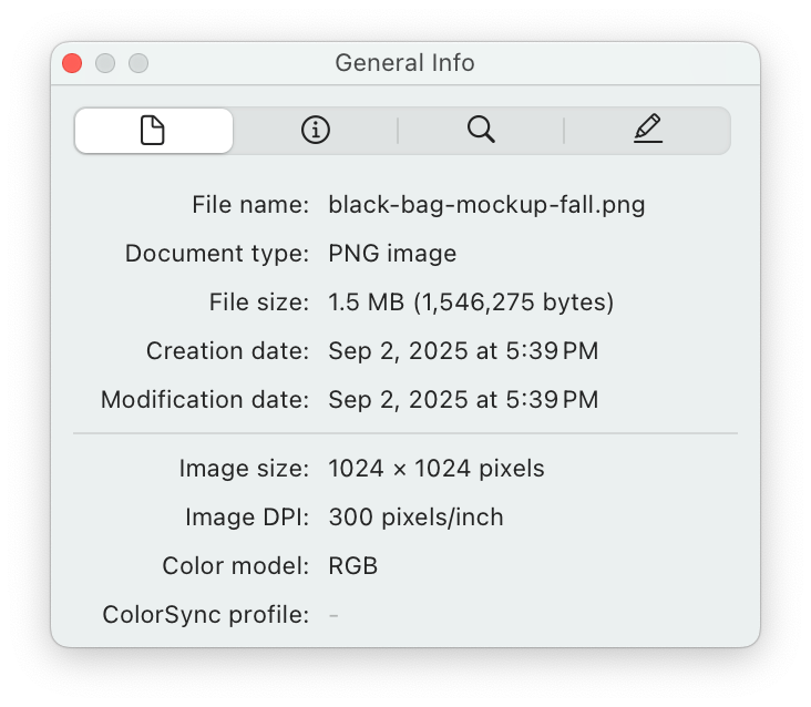 File information window showing a black bag mockup image with details like file name, type, size, and creation/modification dates.