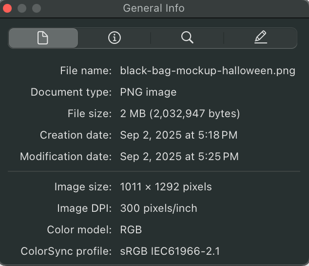 File information panel showing a black bag mockup image with details like file name, type, size, and creation/modification dates.