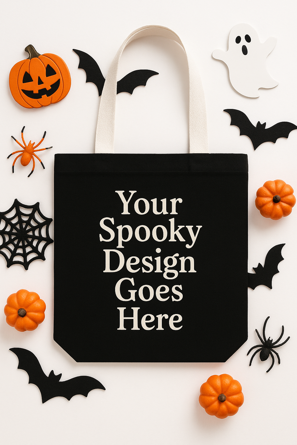 Black tote bag with 'Your Spooky Design Goes Here' text, surrounded by Halloween decorations on a white background.
