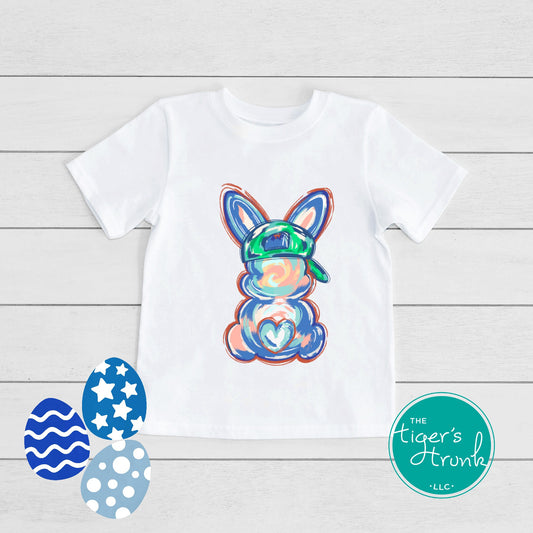 Easter t-shirt with a watercolor blue bunny wearing a ball cap, perfect for fun and casual spring celebrations