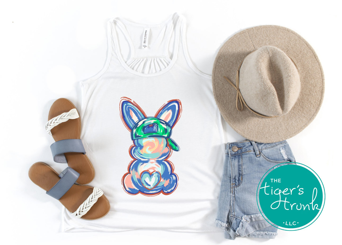Easter t-shirt with a watercolor blue bunny wearing a ball cap, perfect for fun and casual spring celebrations