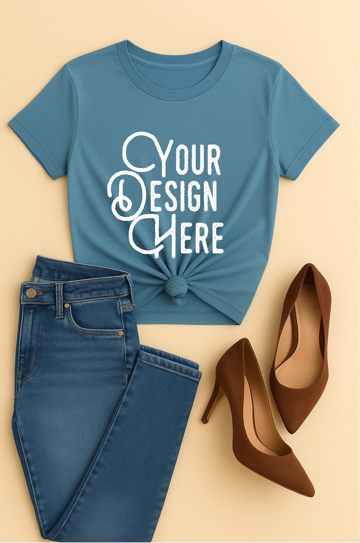 Blue t-shirt with 'Your Design Here' text, paired with blue jeans and brown shoes on a beige background