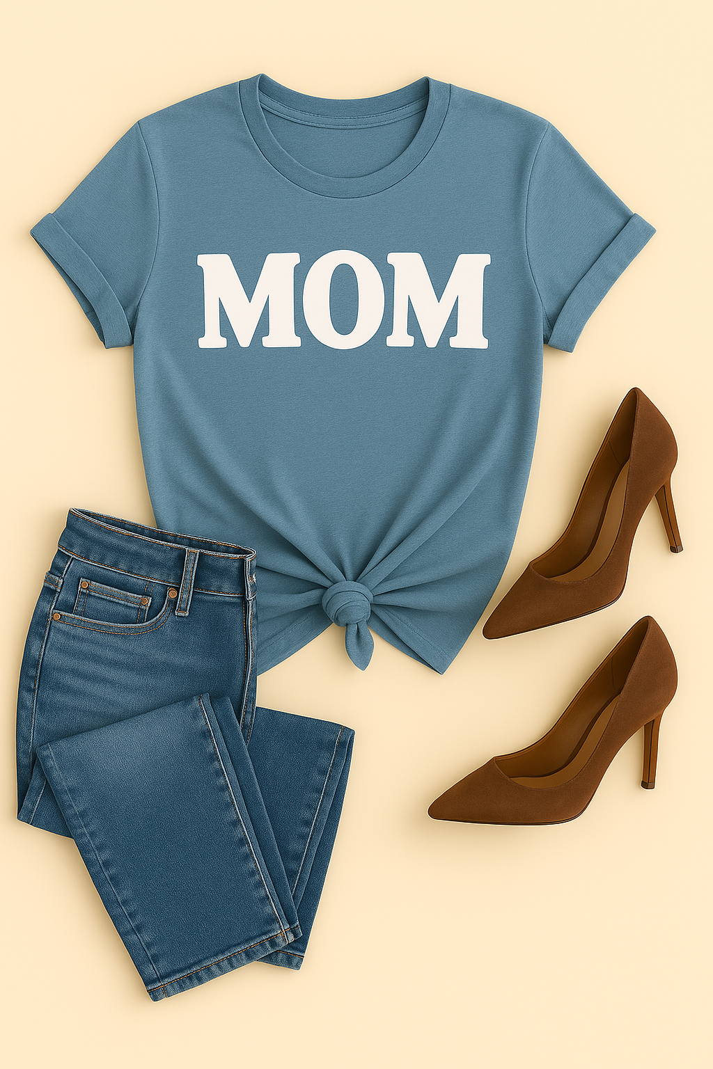 Blue 'MOM' t-shirt with jeans and brown high heels on a beige background