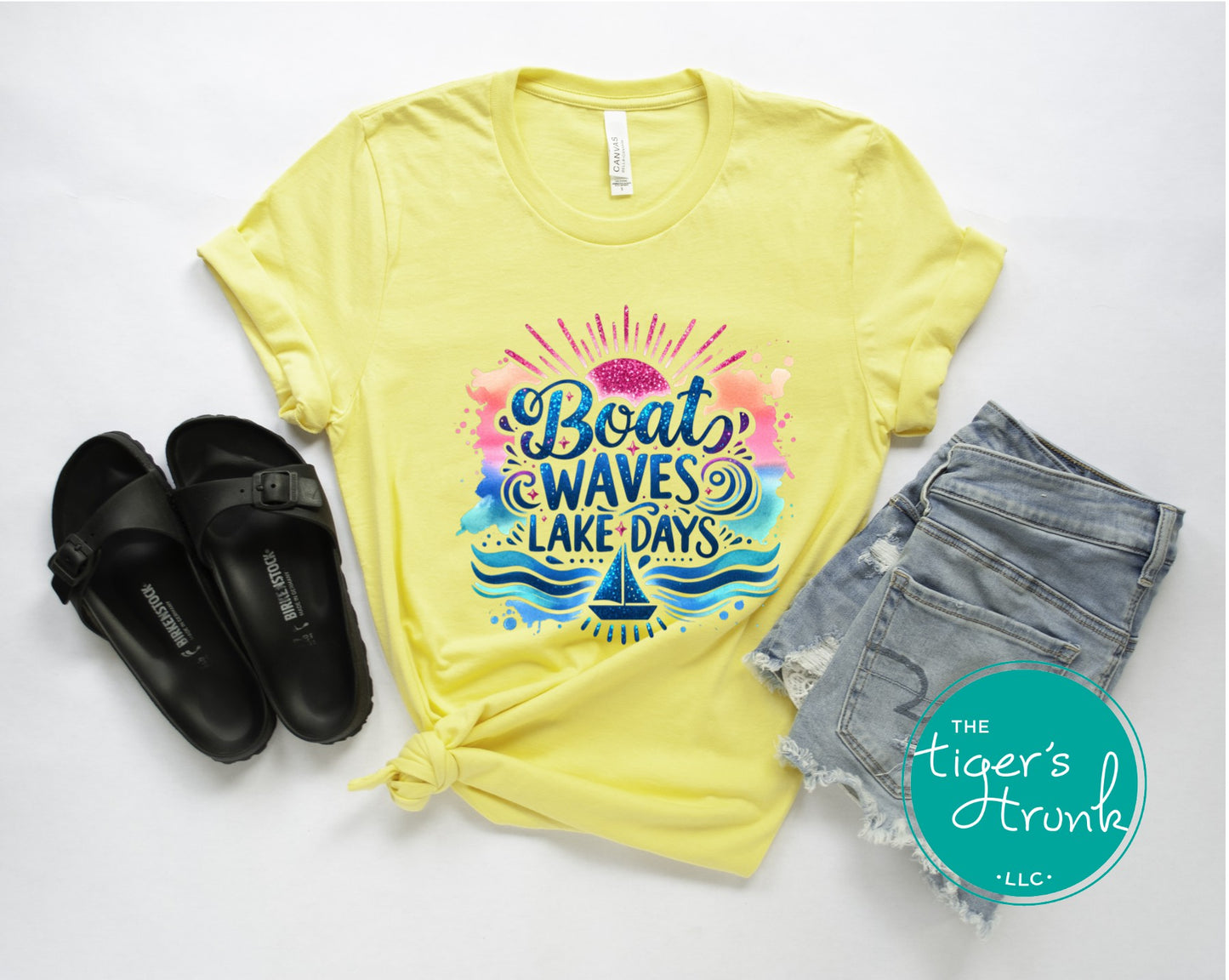 T-shirt that says Boat Waves Lake Days, designed for summer lake life, boating, and relaxing water days