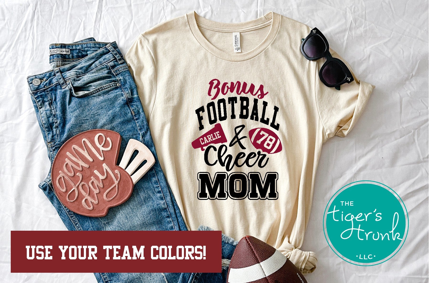 Personalized Bonus Mom shirt with football and megaphone, customized with player and cheerleader names, jersey number, and school colors