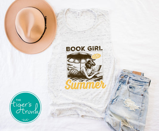 Muscle tank top with the phrase "Dive Into a Good Book," sleeveless literary shirt for readers, gym lovers, and teachers