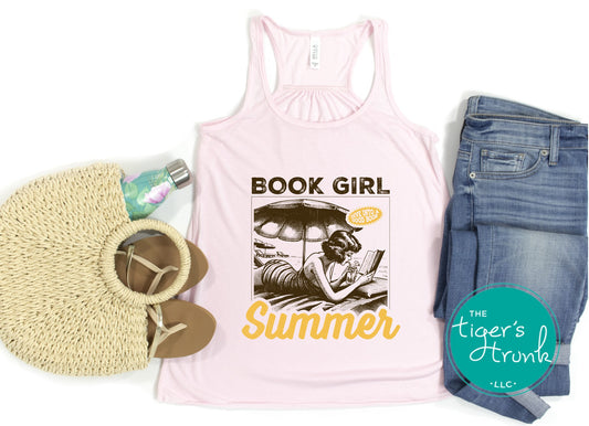 Flowy racerback tank top with the phrase "Dive Into a Good Book," lightweight summer shirt for readers, librarians, and book lovers