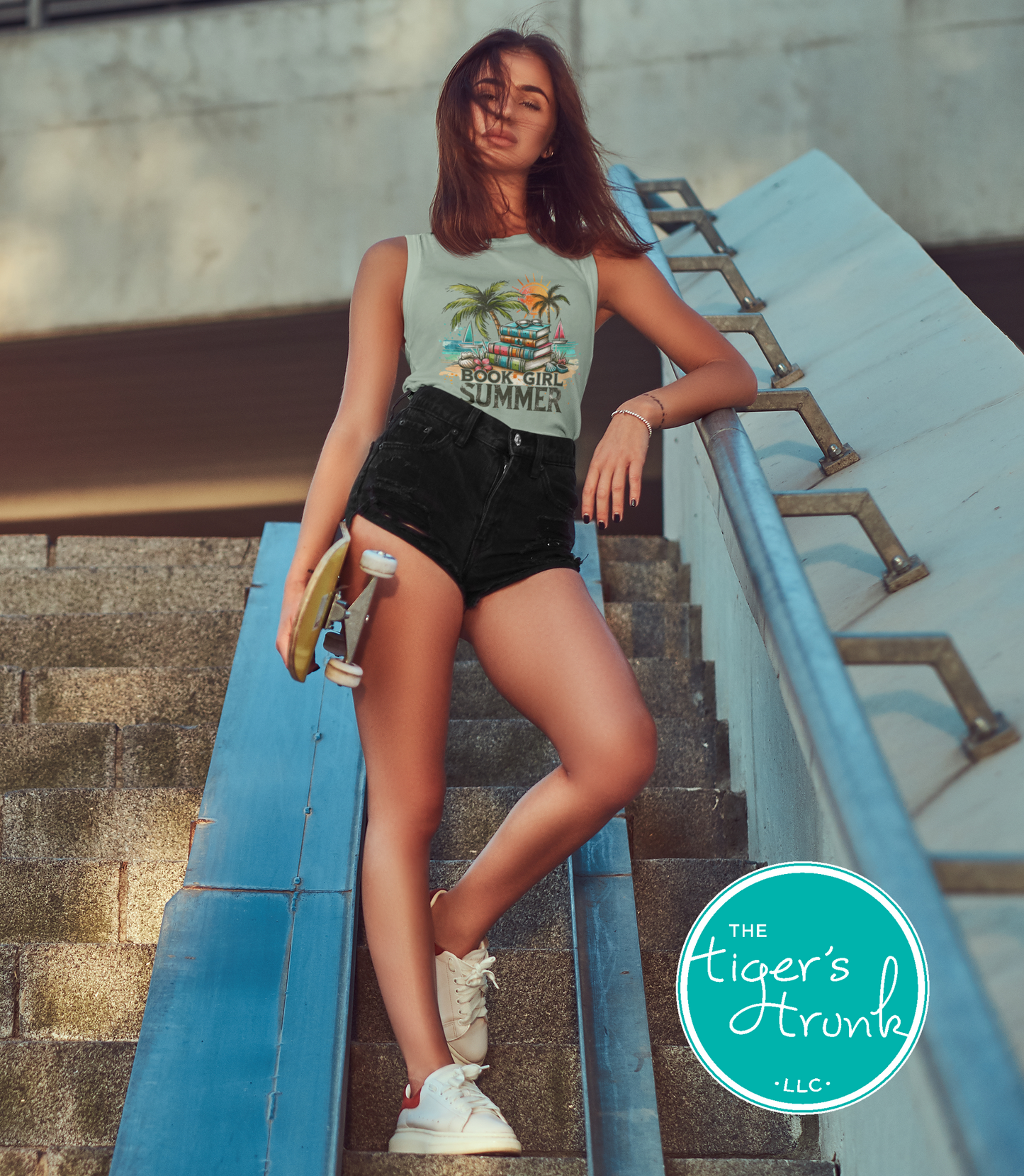 Muscle tank top with the phrase "Book Girl Summer," sleeveless literary tee for readers, bookworms, and summer fitness fans