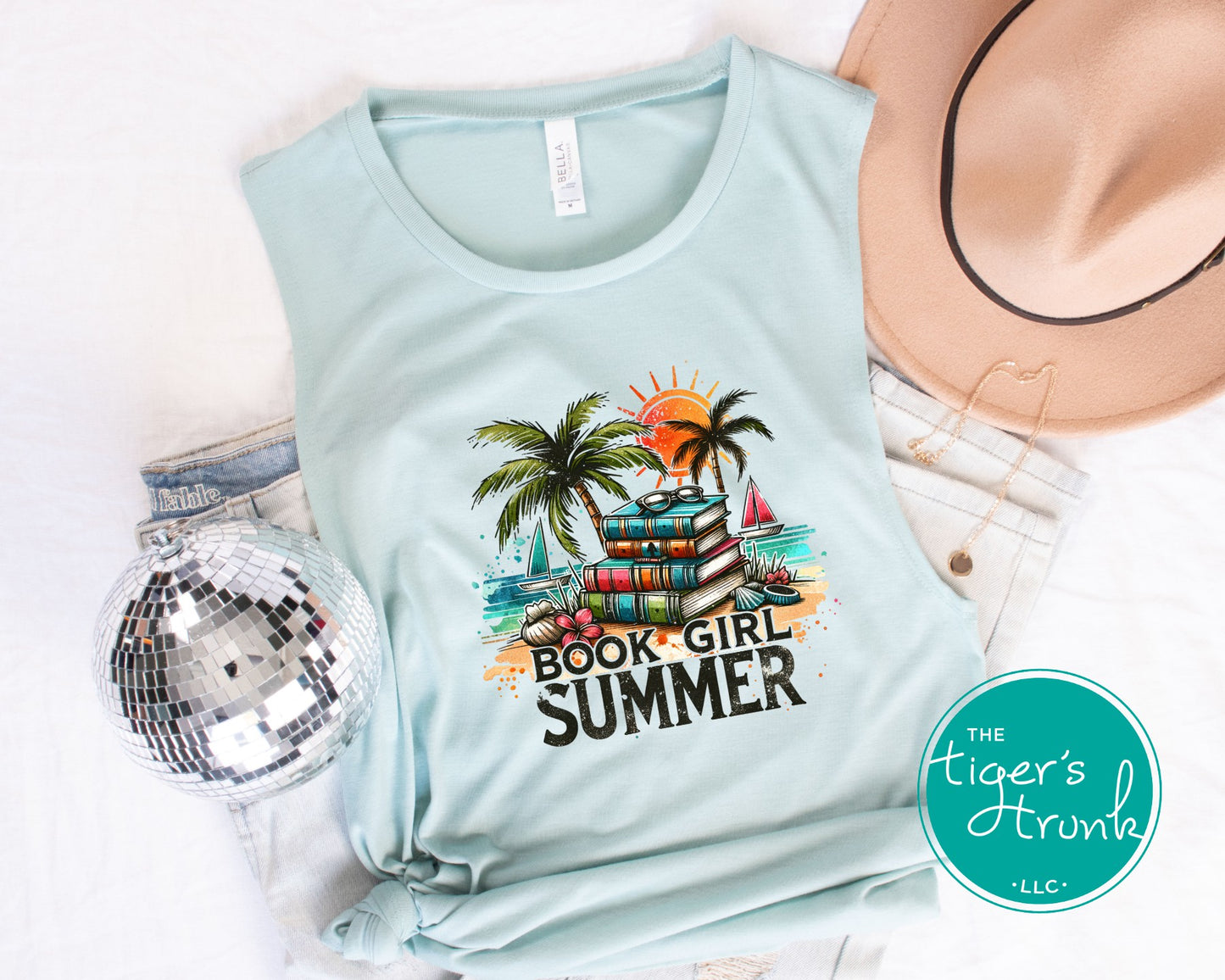 Muscle tank top with the phrase "Book Girl Summer," sleeveless literary tee for readers, bookworms, and summer fitness fans