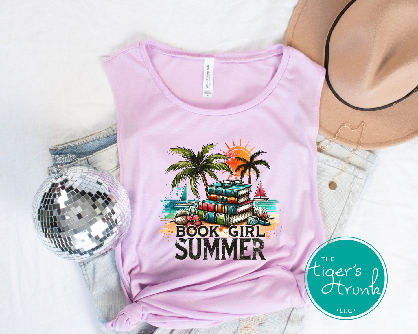 Muscle tank top with the phrase "Book Girl Summer," sleeveless literary tee for readers, bookworms, and summer fitness fans
