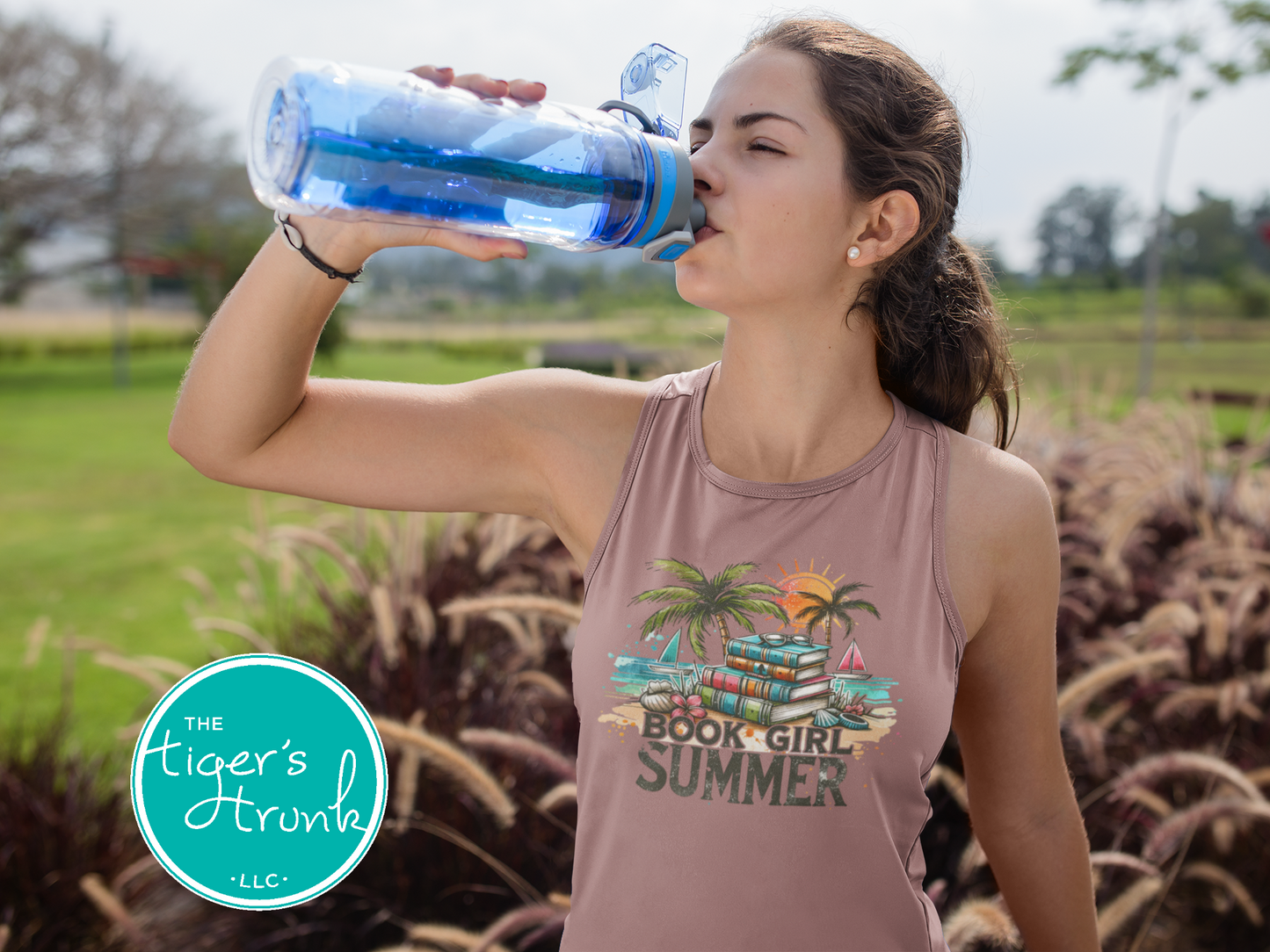 Muscle tank top with the phrase "Book Girl Summer," sleeveless literary tee for readers, bookworms, and summer fitness fans