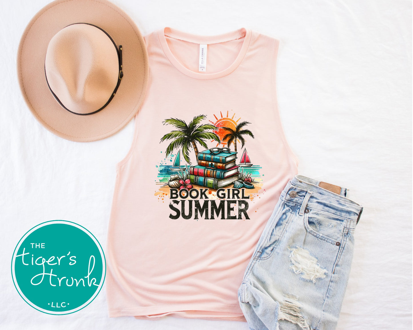 Muscle tank top with the phrase "Book Girl Summer," sleeveless literary tee for readers, bookworms, and summer fitness fans