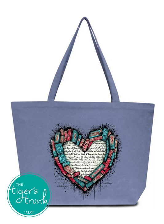 Canvas tote bag with heart and books design, made from 12 oz. cotton with gusseted bottom and long handles, perfect for book lovers