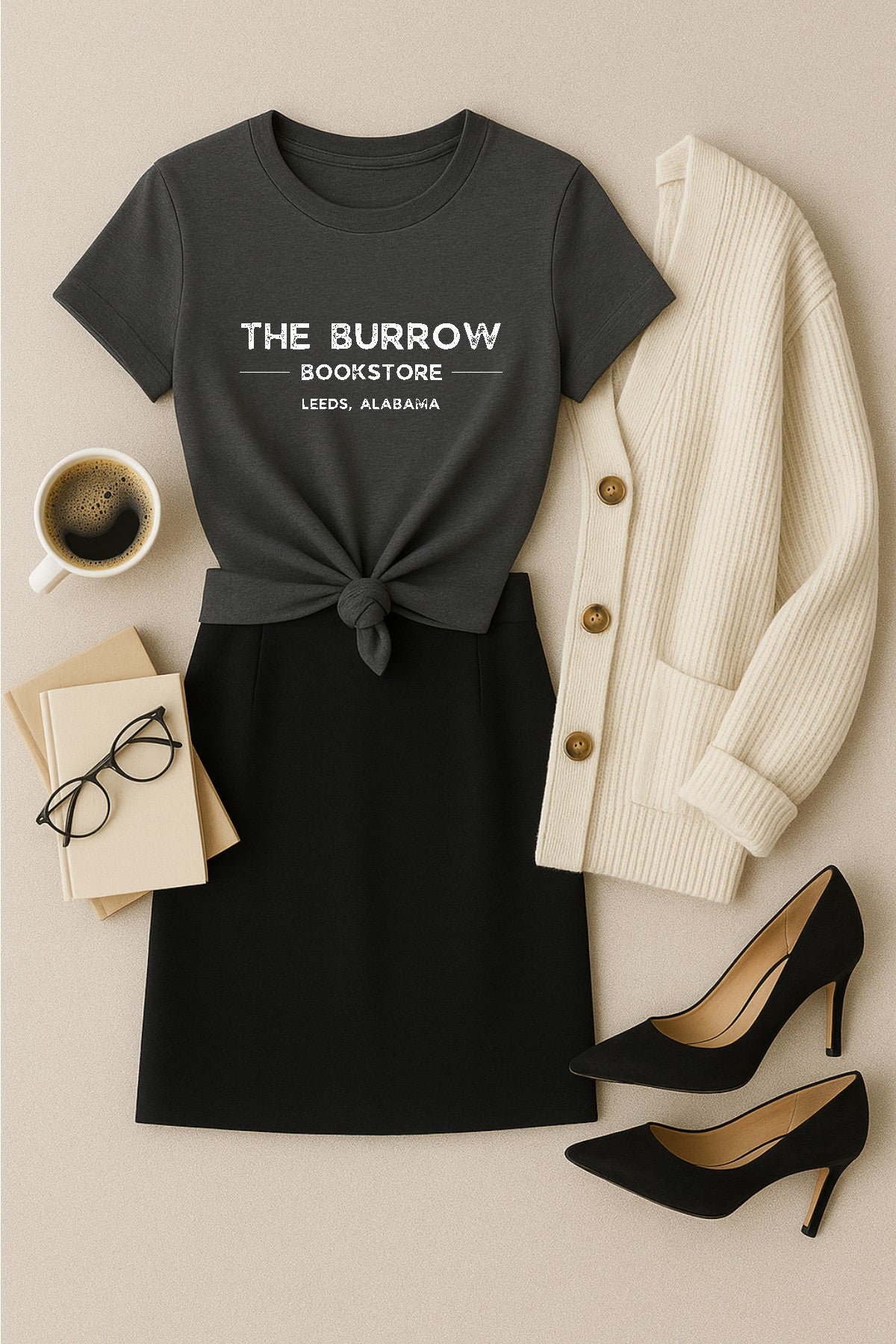 Black t-shirt with 'The Burrow Bookstore' text, black skirt, white cardigan, black high heels, and coffee on a beige background.