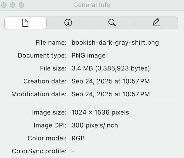 File information panel showing details of a PNG image file named 'bookish-dark-gray-shirt.png'.