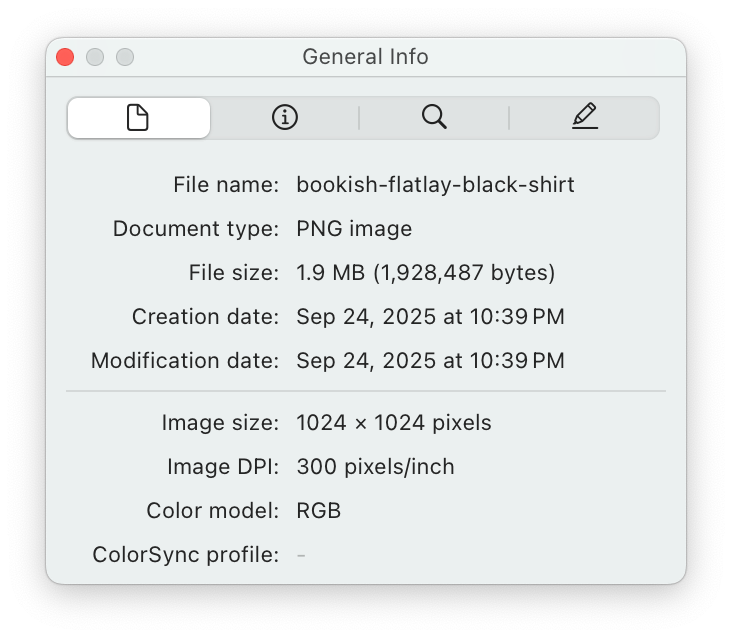 File information window showing details of a PNG image file named 'bookish-flatlay-black-shirt'.