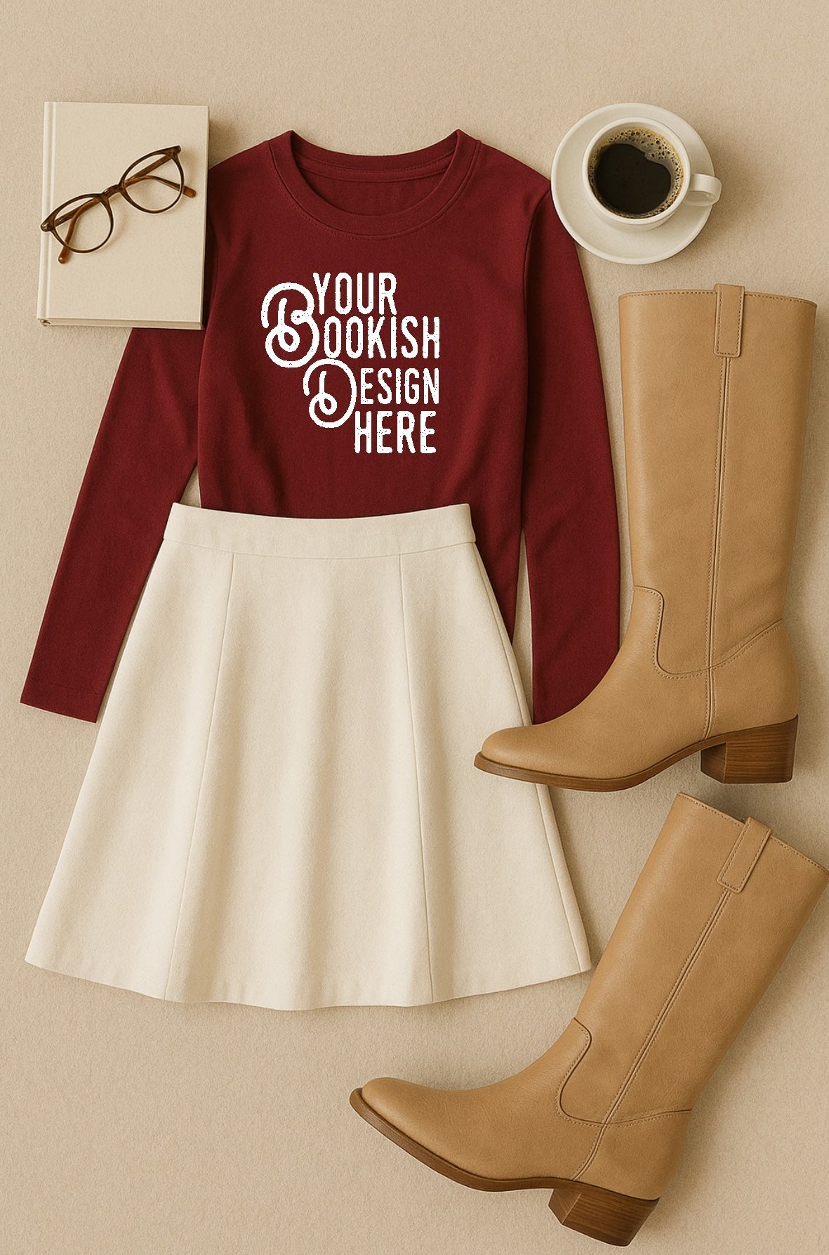 Red sweatshirt with 'Your Bookish Design Here' text, white skirt, tan boots, and coffee cup on a beige background