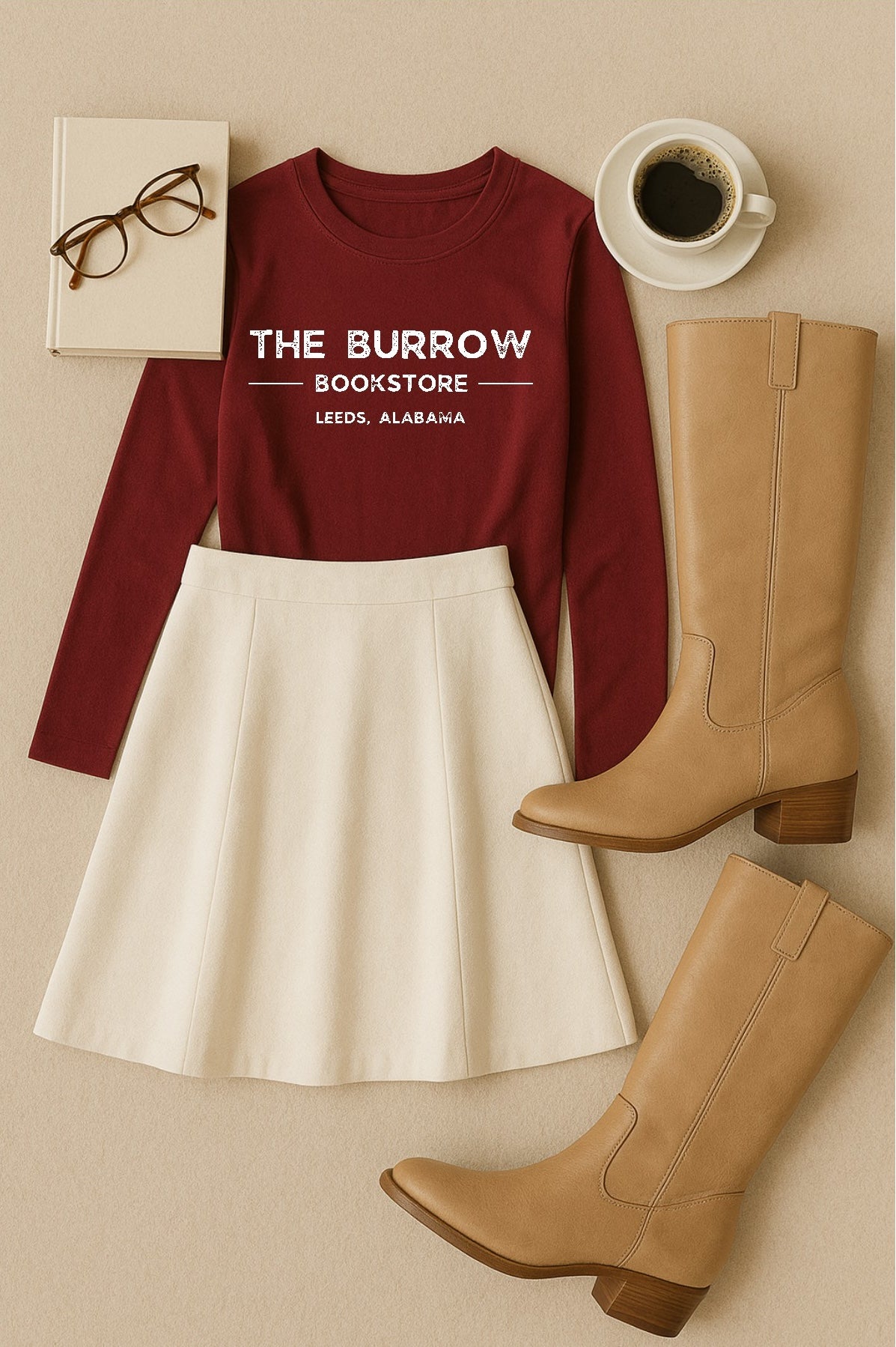Maroon sweatshirt with 'The Burrow Bookstore' text, white skirt, tan boots, and coffee cup on a beige background