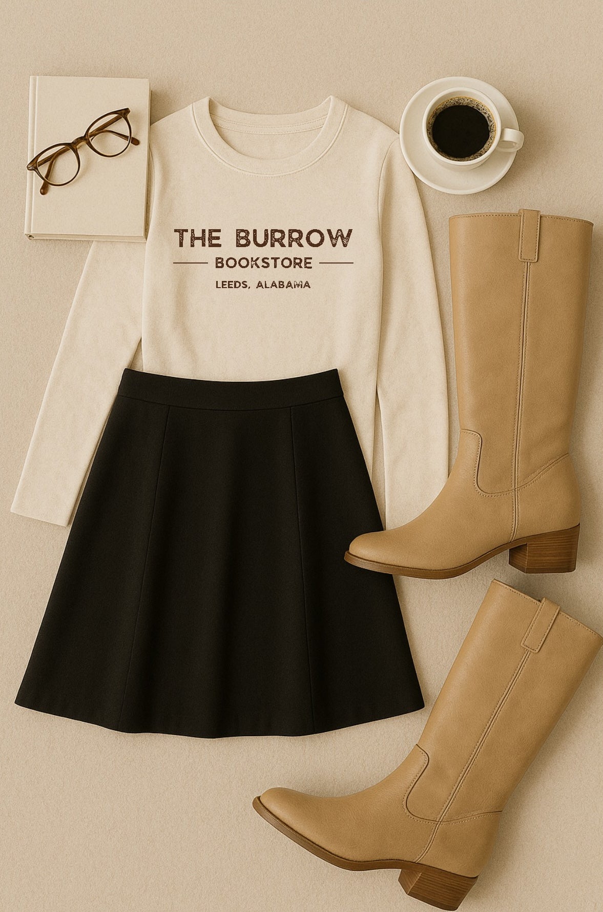White shirt with 'The Burrow Bookstore' text, black skirt, tan boots, and coffee cup on a beige background